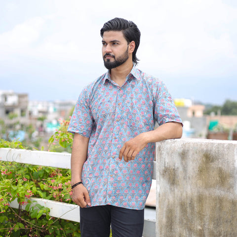 Blue Half Sleeve Block Print Cotton Men Sanganeri Shirt