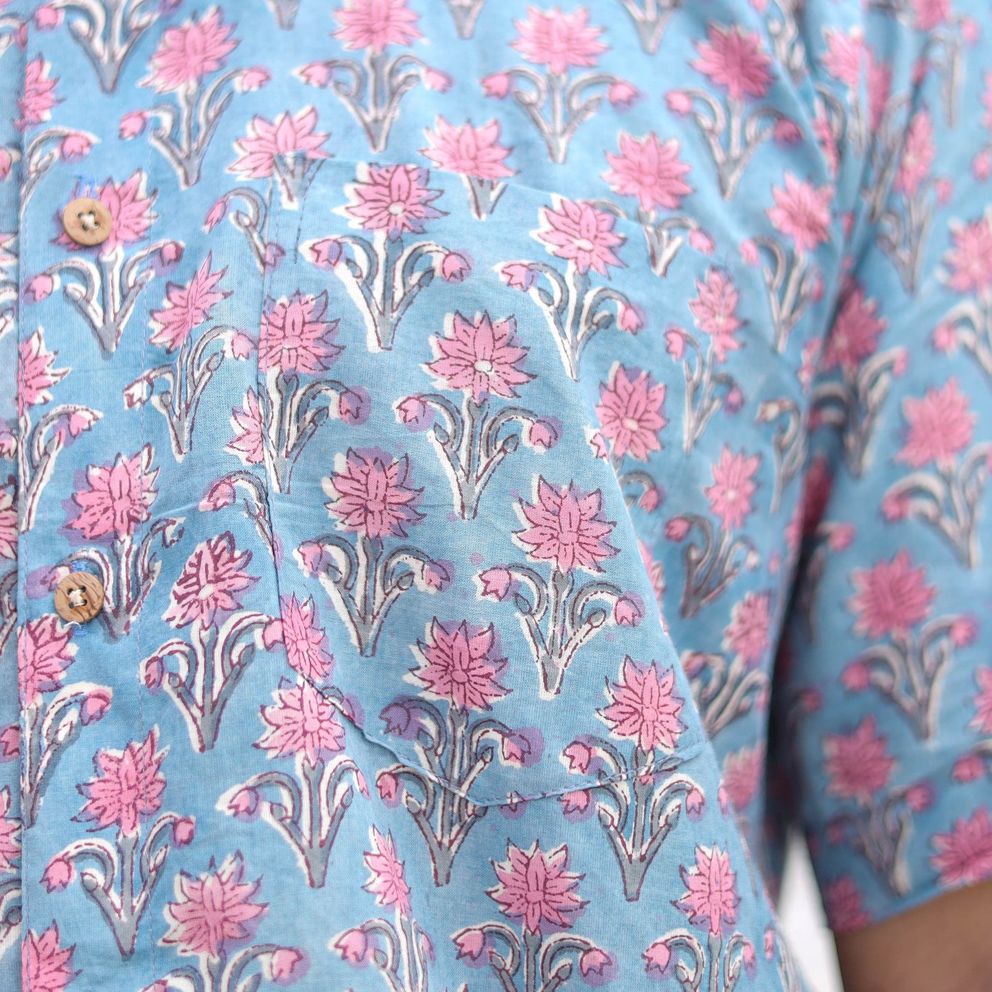 Blue Half Sleeve Block Print Cotton Men Sanganeri Shirt