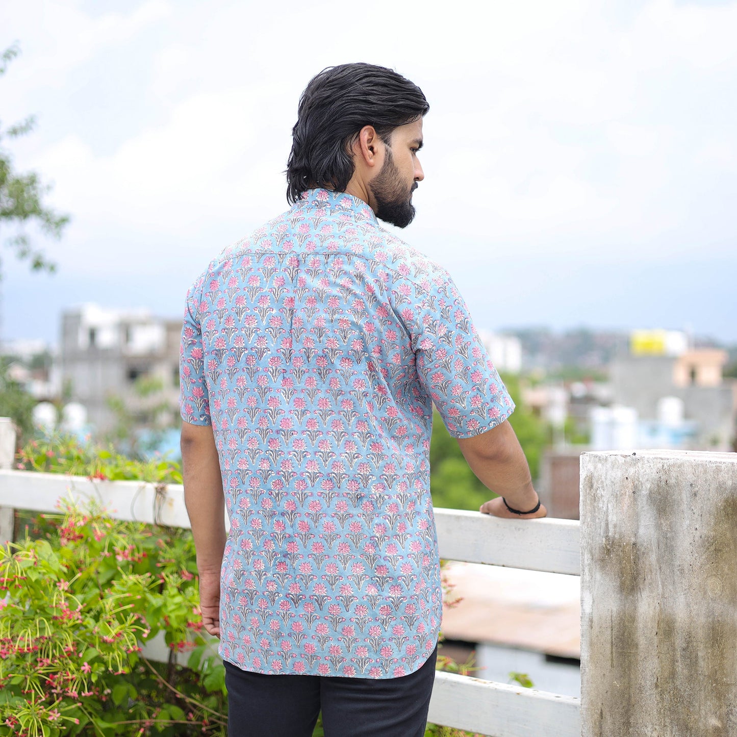 Blue Half Sleeve Block Print Cotton Men Sanganeri Shirt