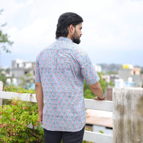 Blue Half Sleeve Block Print Cotton Men Sanganeri Shirt