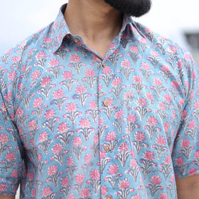 Blue Half Sleeve Block Print Cotton Men Sanganeri Shirt