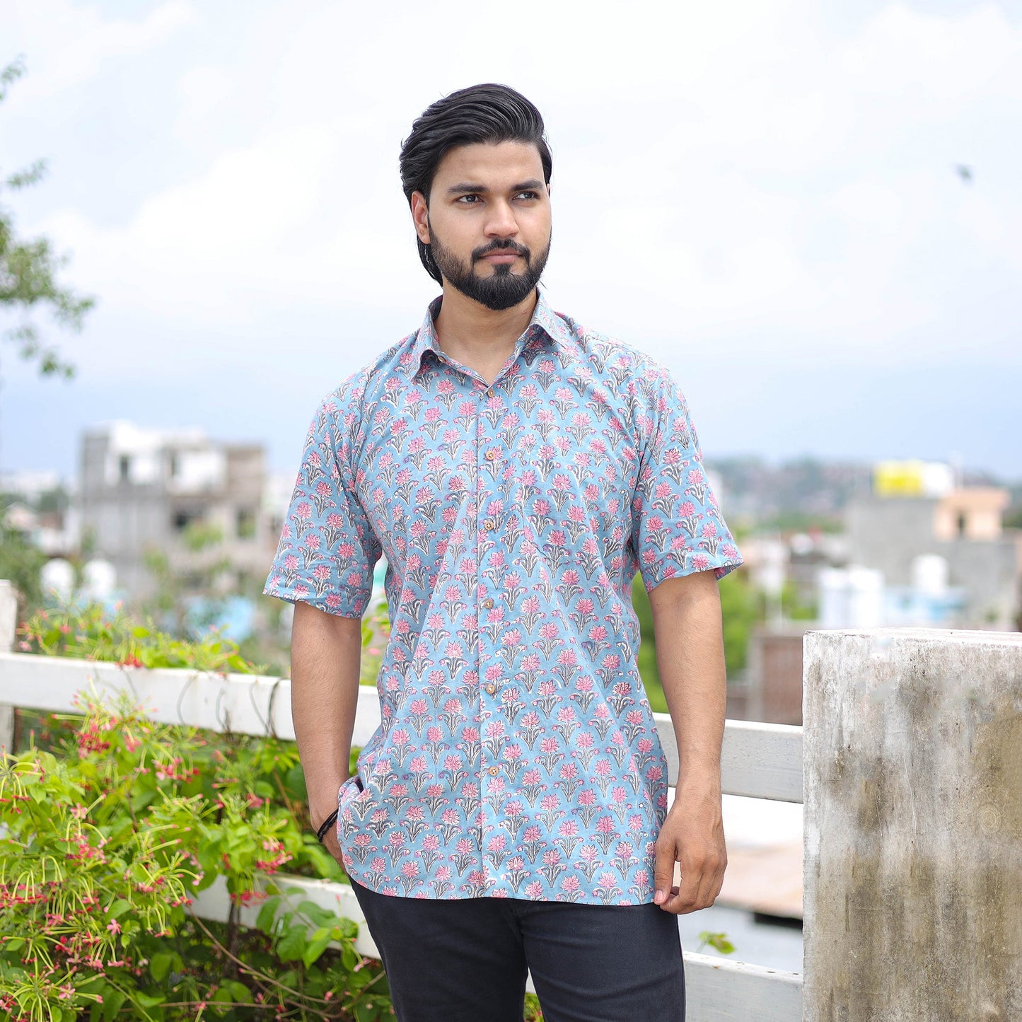 Blue Half Sleeve Block Print Cotton Men Sanganeri Shirt
