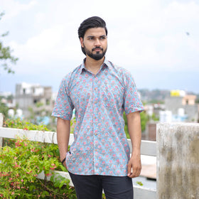 Blue Half Sleeve Block Print Cotton Men Sanganeri Shirt