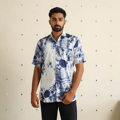 Blue Half Sleeve Tie & Dye Cotton Men Shibori Shirt