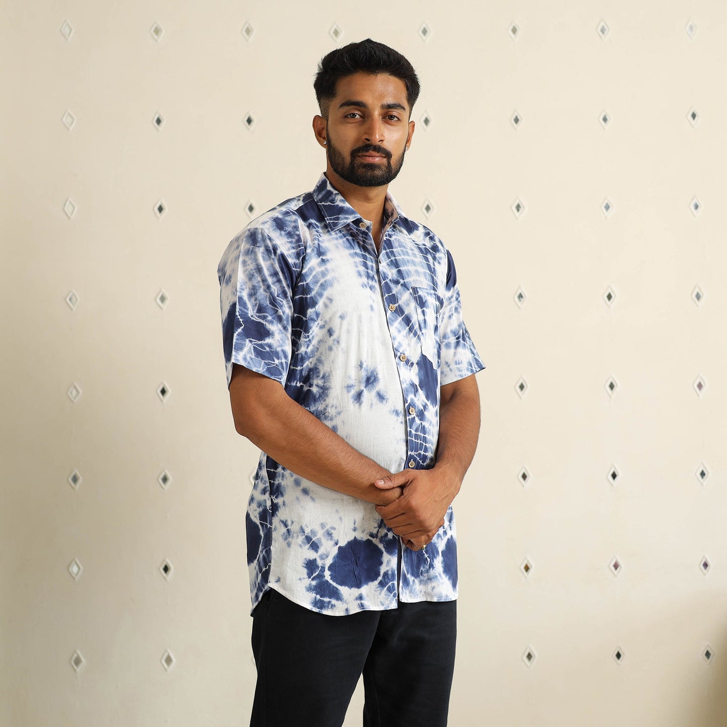 Blue Half Sleeve Tie & Dye Cotton Men Shibori Shirt