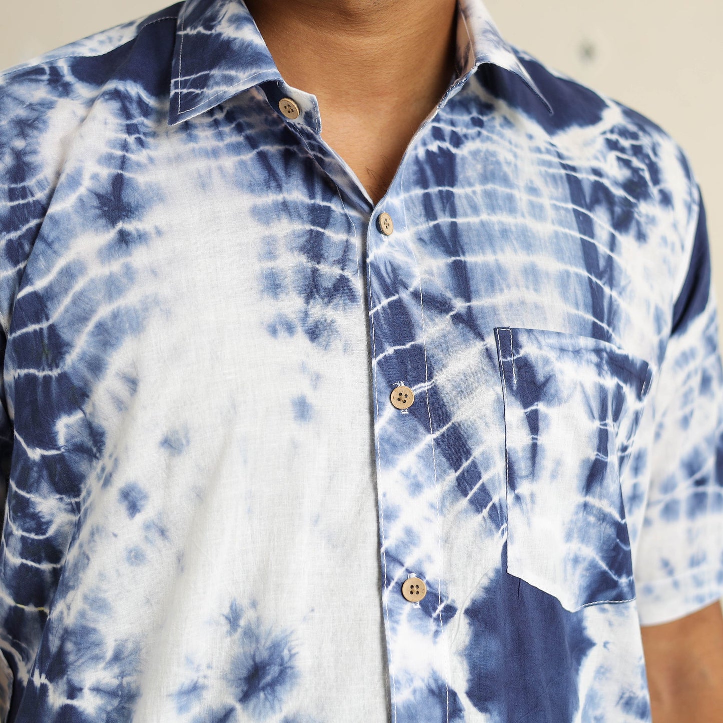 Blue Half Sleeve Tie & Dye Cotton Men Shibori Shirt
