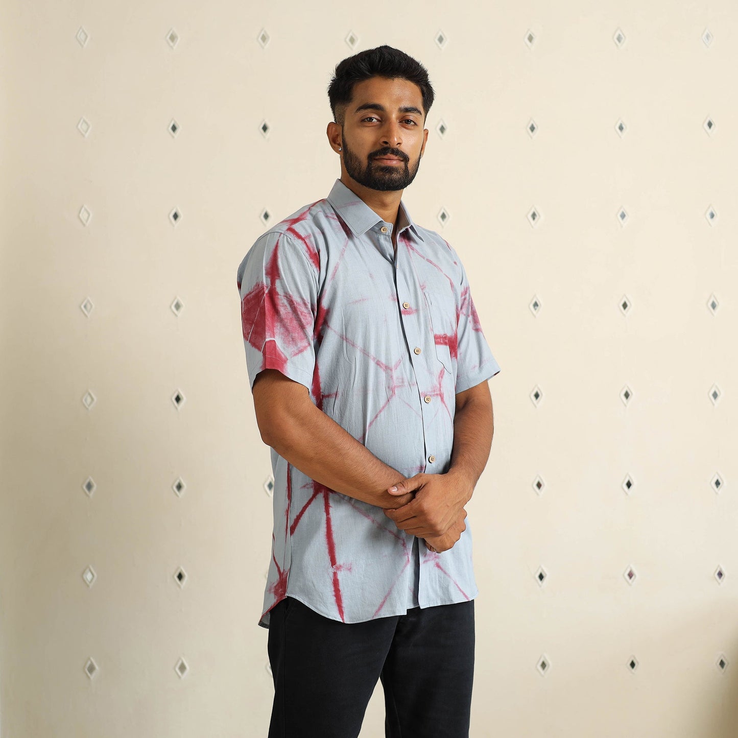 Blue - half sleeve tie & dye cotton men shibori shirt 04