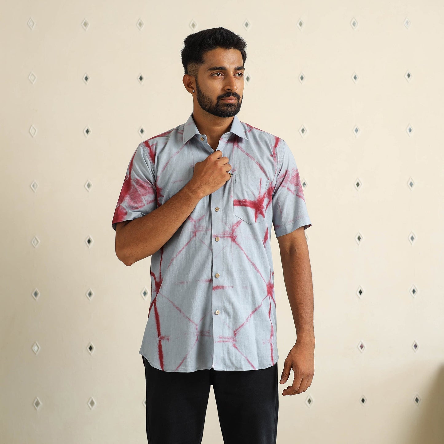 Blue - half sleeve tie & dye cotton men shibori shirt 04