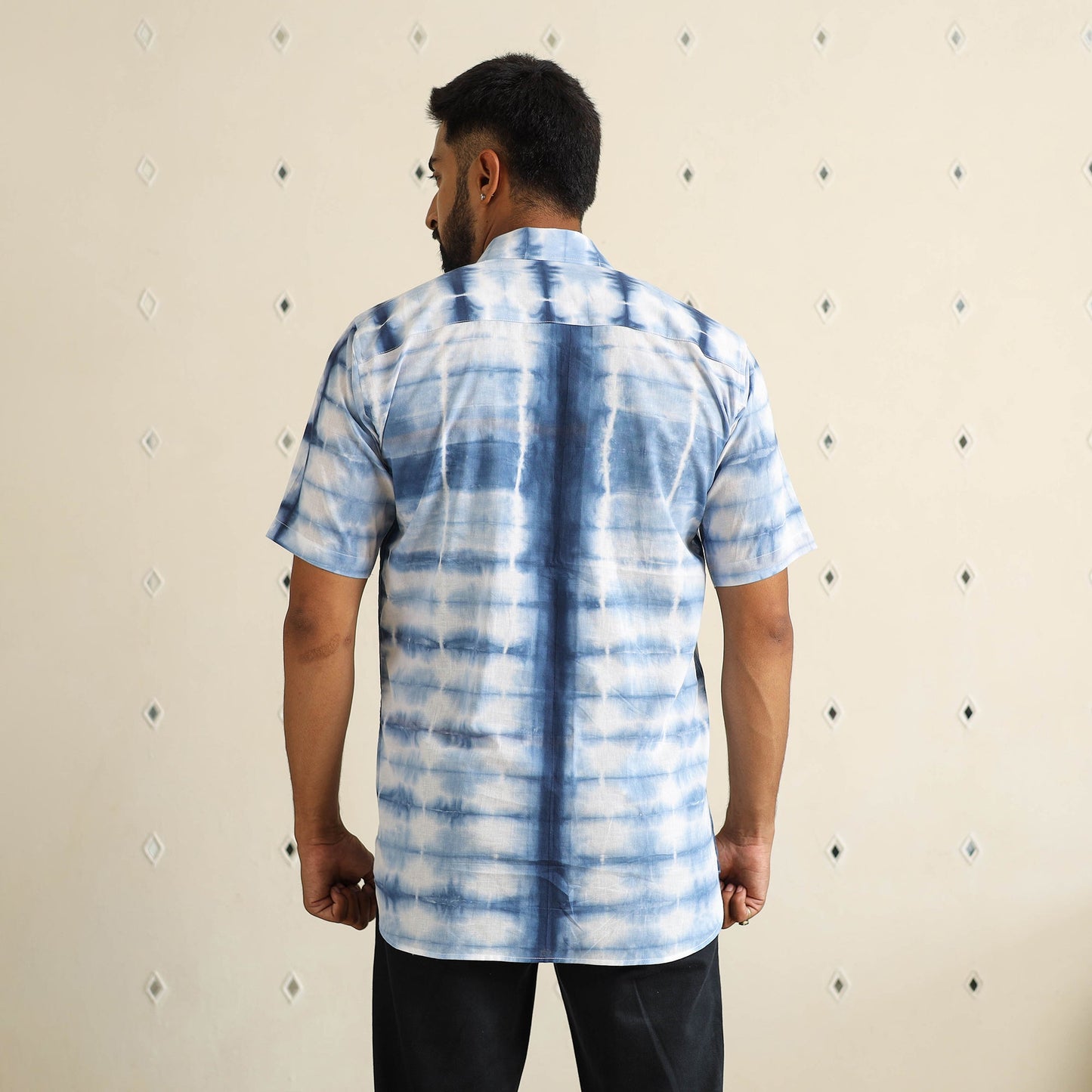 Blue Half Sleeve Tie & Dye Cotton Men Shibori Shirt
