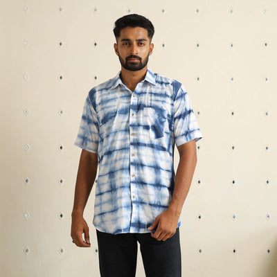 Blue Half Sleeve Tie & Dye Cotton Men Shibori Shirt