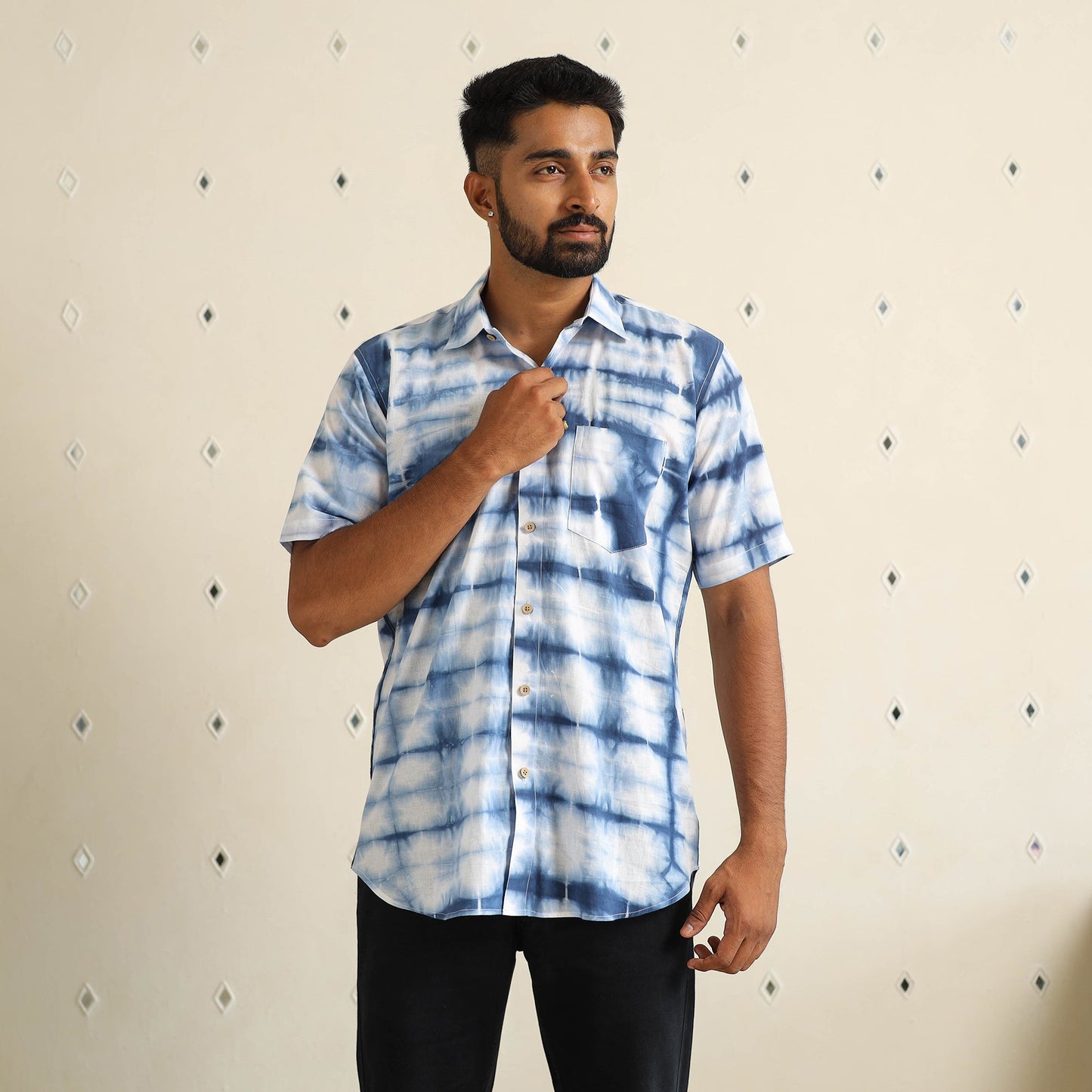 Blue Half Sleeve Tie & Dye Cotton Men Shibori Shirt
