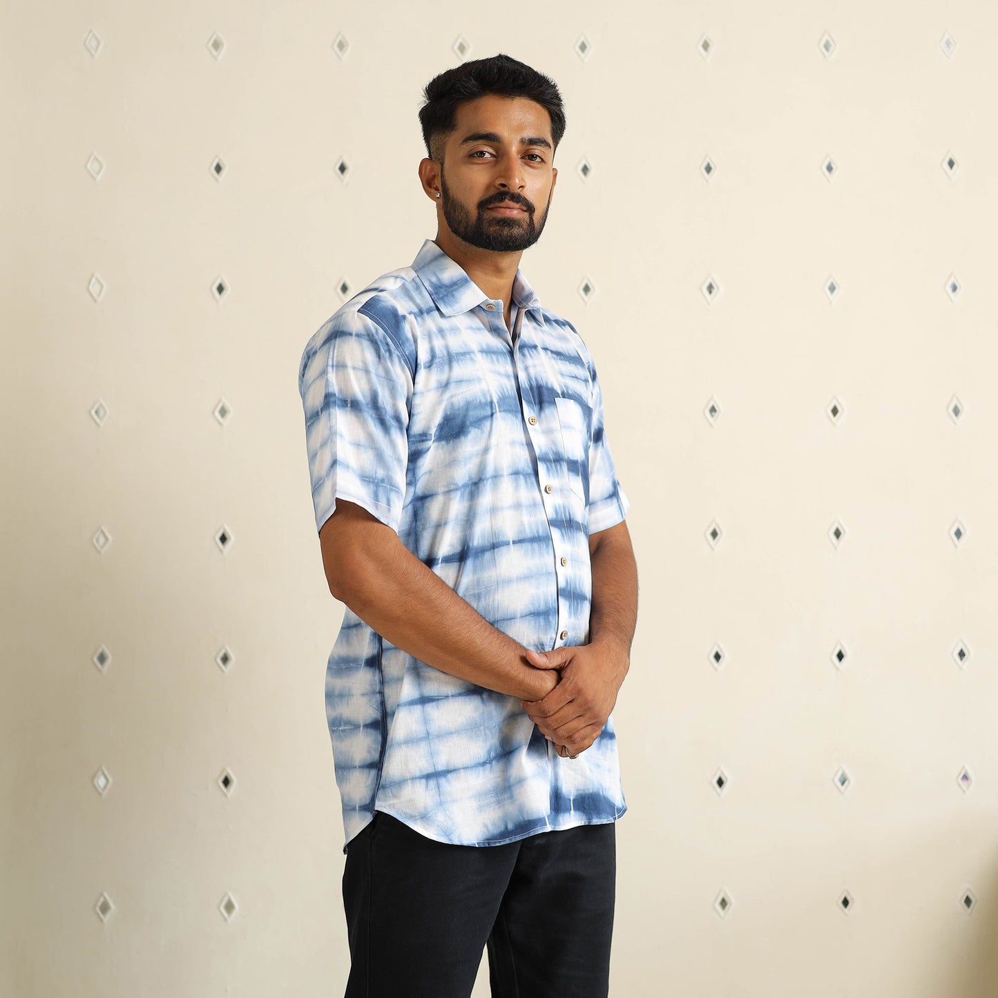 Blue Half Sleeve Tie & Dye Cotton Men Shibori Shirt