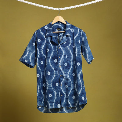  Blue Half Sleeve Tie & Dye Cotton Men Shibori Shirt 
