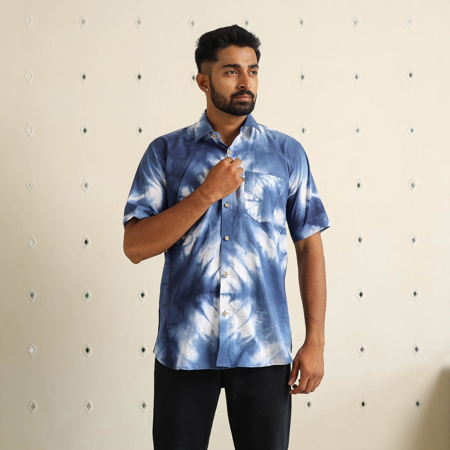 Blue - half sleeve tie & dye cotton men shibori shirt 10