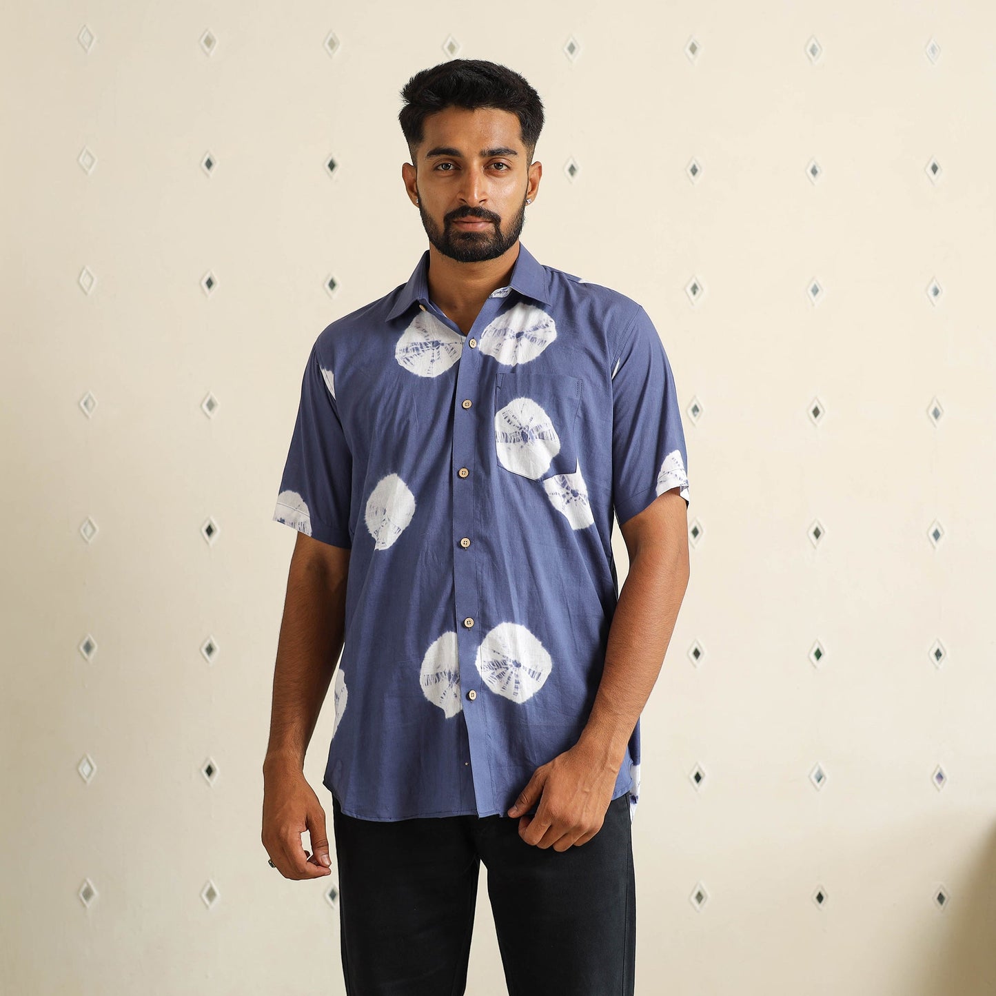 Blue Half Sleeve Tie & Dye Cotton Men Shibori Shirt