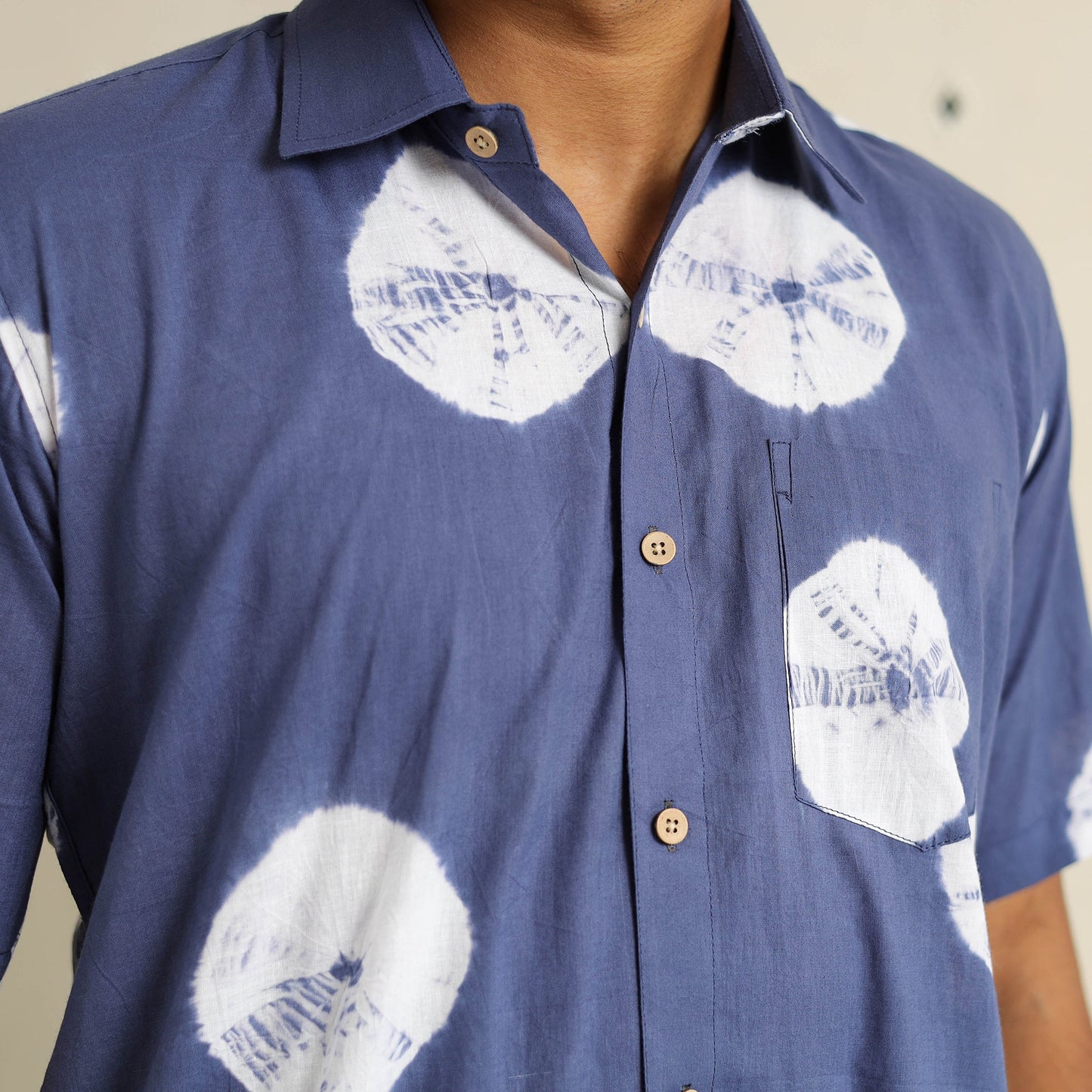 Blue Half Sleeve Tie & Dye Cotton Men Shibori Shirt