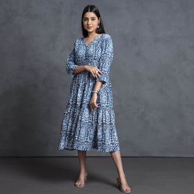 Blue - hand batik printed cotton flared gher dress