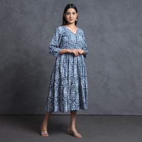 Blue - hand batik printed cotton flared gher dress