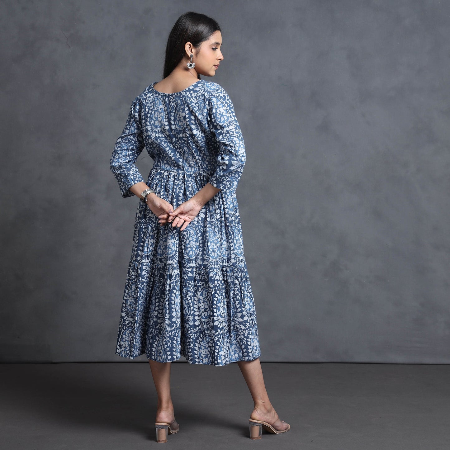 Blue - hand batik printed cotton flared gher dress