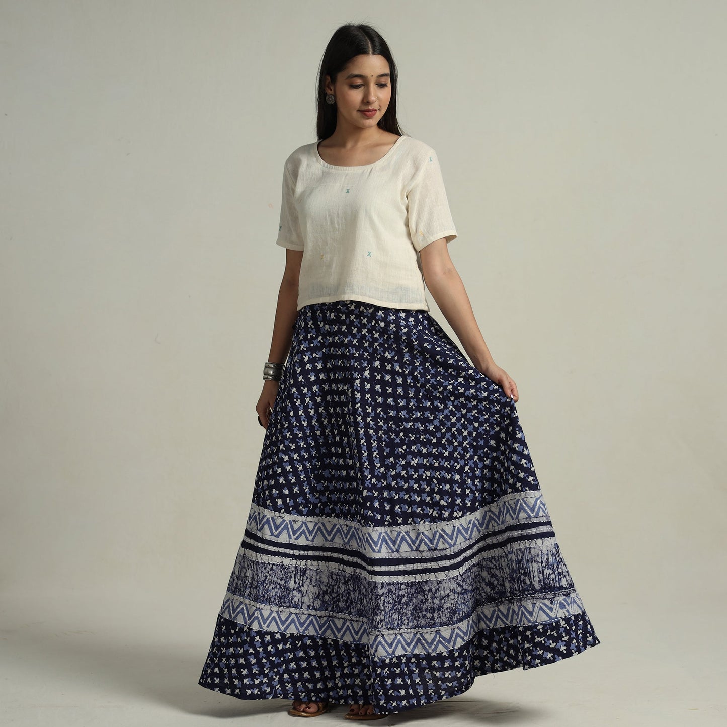 Buy Hand Batik Printed Running Stitch Cotton Long Skirt 52 Online l iTokri.com