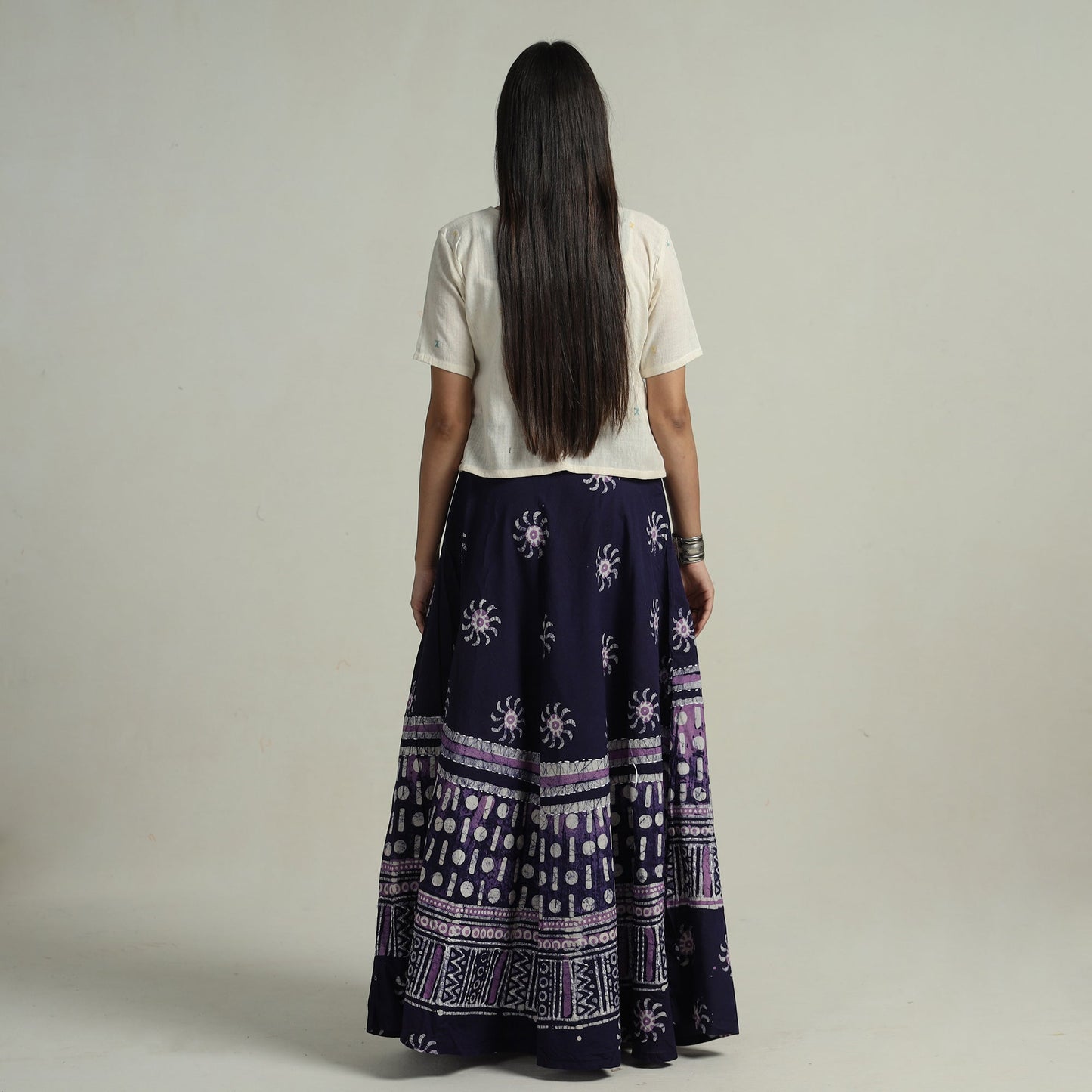 Blue Hand Batik Printed Running Stitch Cotton Long Skirt 