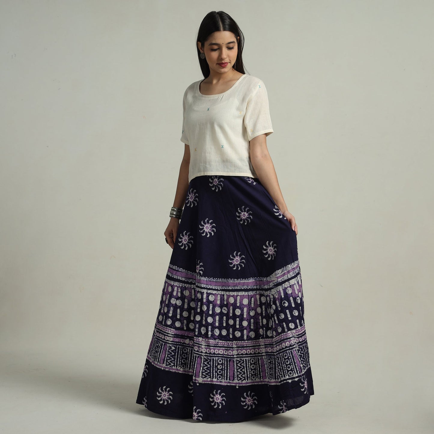 Blue Hand Batik Printed Running Stitch Cotton Long Skirt 