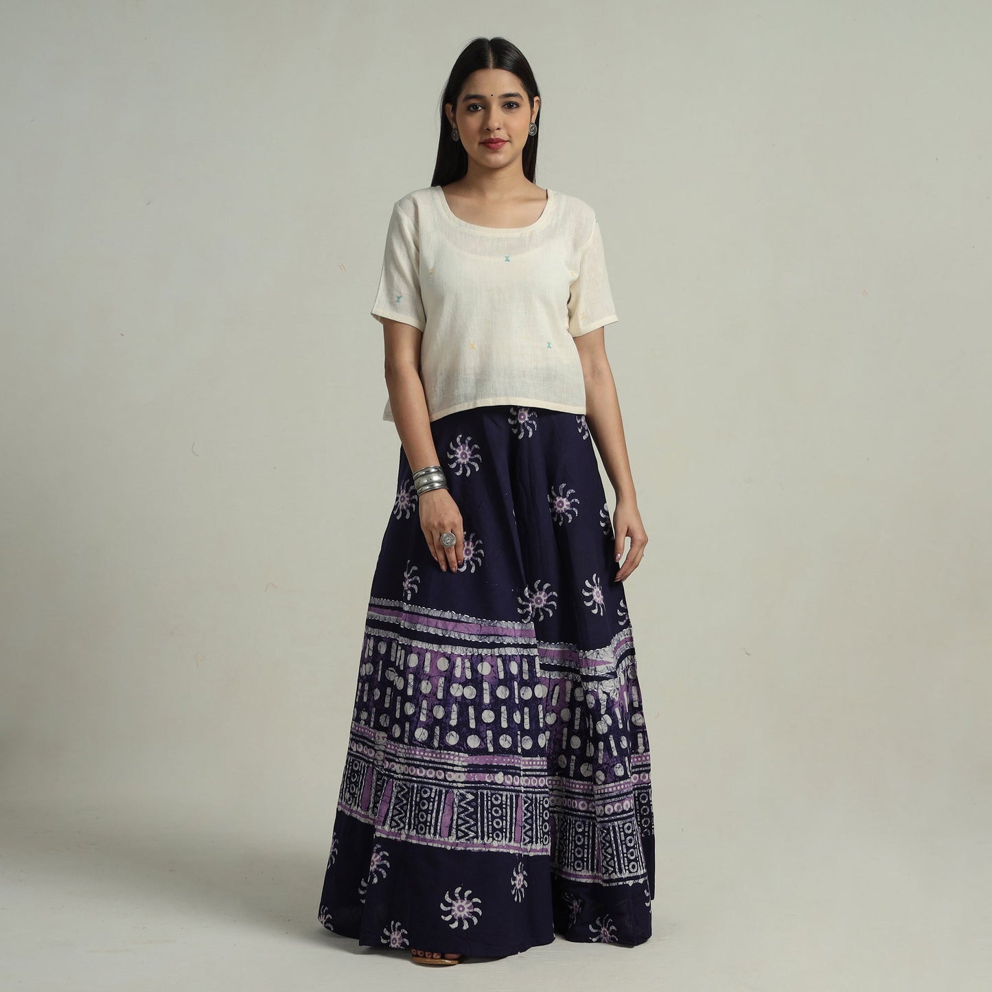 Blue Hand Batik Printed Running Stitch Cotton Long Skirt 