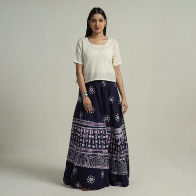 Blue Hand Batik Printed Running Stitch Cotton Long Skirt 
