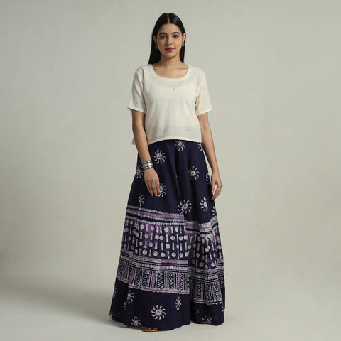 Blue Hand Batik Printed Running Stitch Cotton Long Skirt 