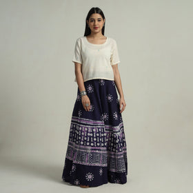 Blue Hand Batik Printed Running Stitch Cotton Long Skirt 