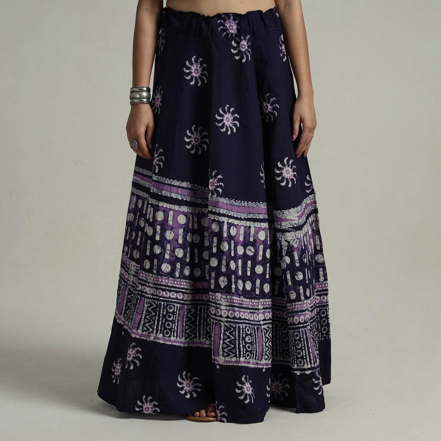 Blue Hand Batik Printed Running Stitch Cotton Long Skirt 