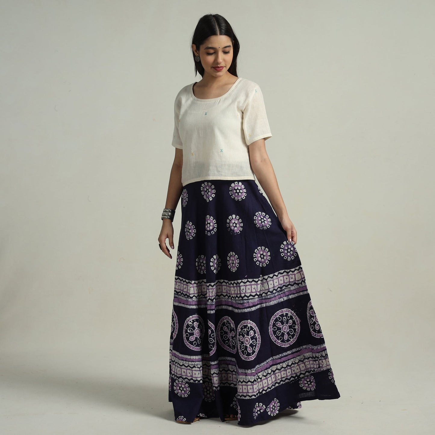 Blue - hand batik printed running stitch cotton long skirt