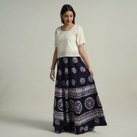 Blue - hand batik printed running stitch cotton long skirt