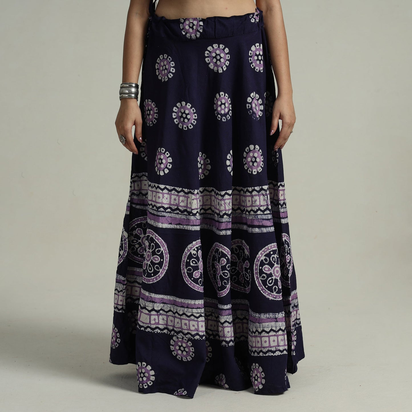 Blue - hand batik printed running stitch cotton long skirt