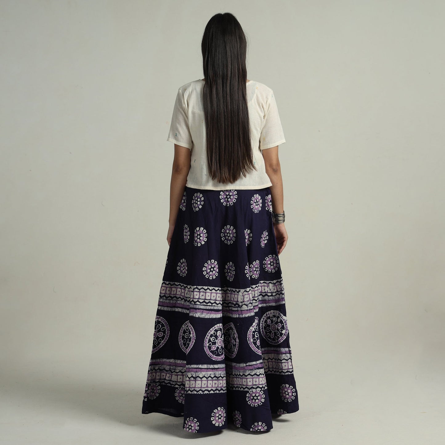 Blue - hand batik printed running stitch cotton long skirt