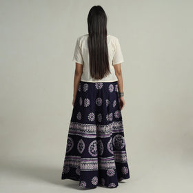Blue - hand batik printed running stitch cotton long skirt