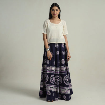 Blue - hand batik printed running stitch cotton long skirt