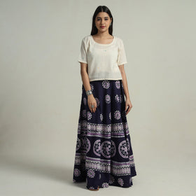Blue - hand batik printed running stitch cotton long skirt