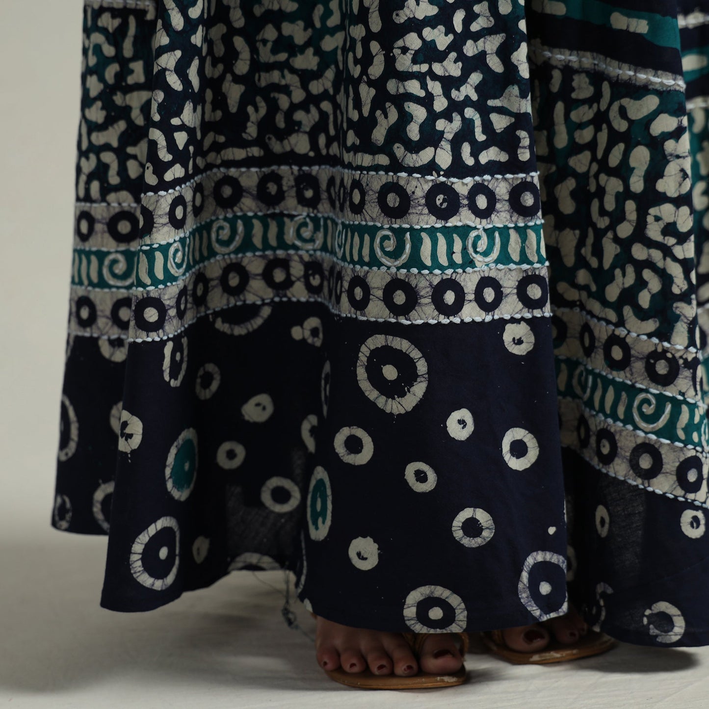 Blue - hand batik printed running stitch cotton long skirt