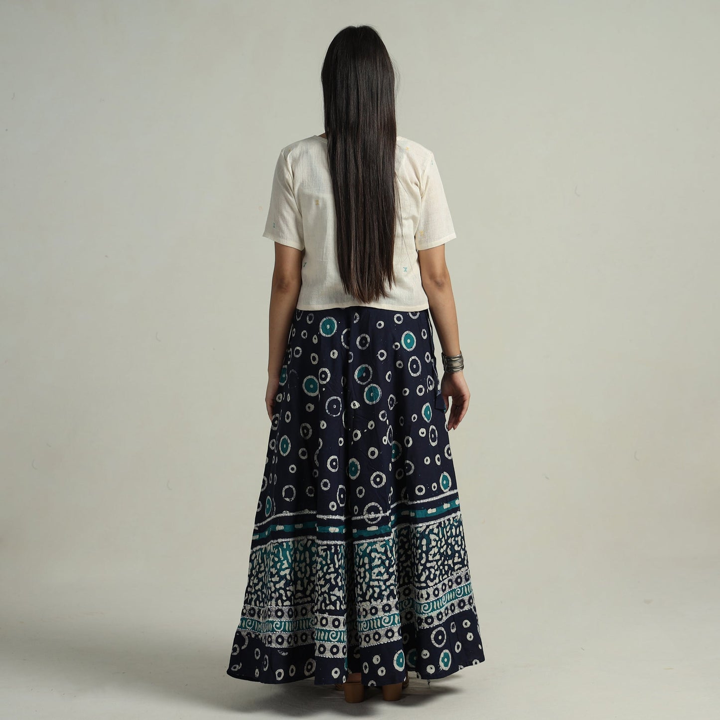 Blue - hand batik printed running stitch cotton long skirt