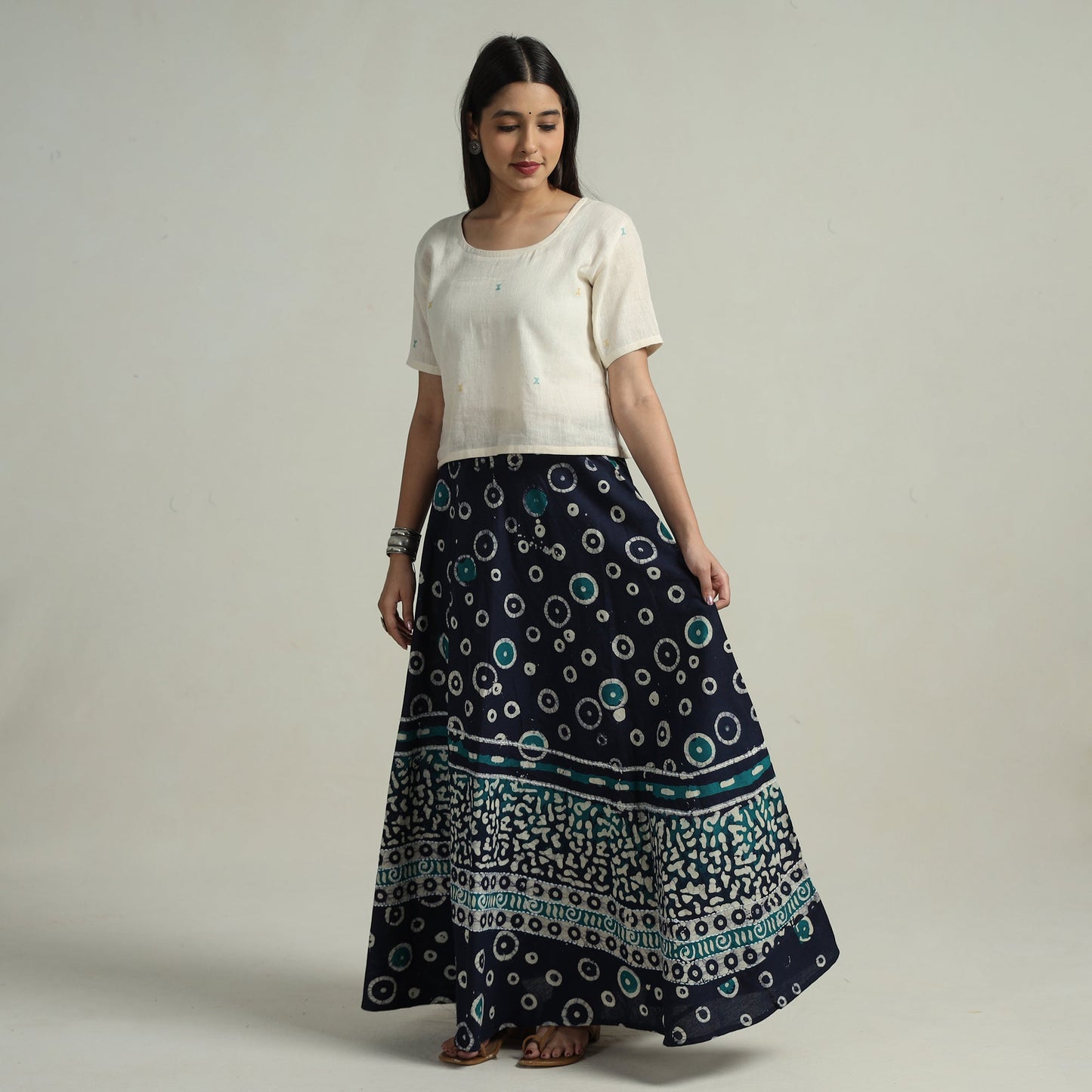 Blue - hand batik printed running stitch cotton long skirt
