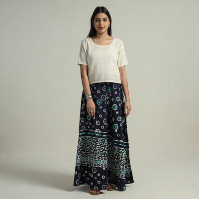 Blue - hand batik printed running stitch cotton long skirt