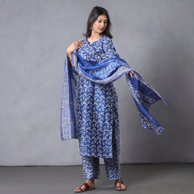 Blue - Batik Printing Chanderi Silk Kurta Suit Sets