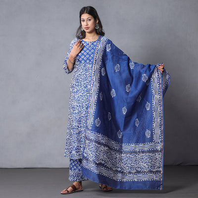 Blue - Hand Batik Printing Chanderi Silk Kurta Suit Sets