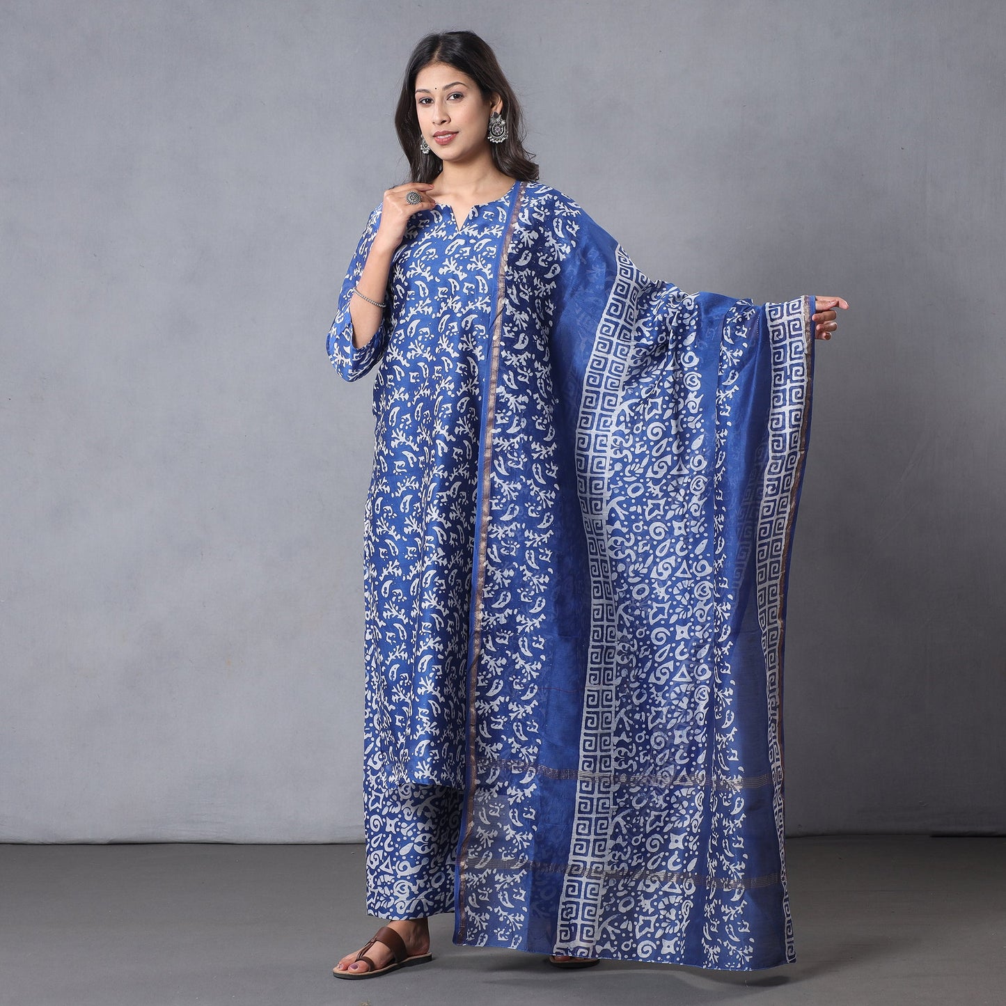 Blue - Batik Printing Chanderi Silk Kurta Suit Sets