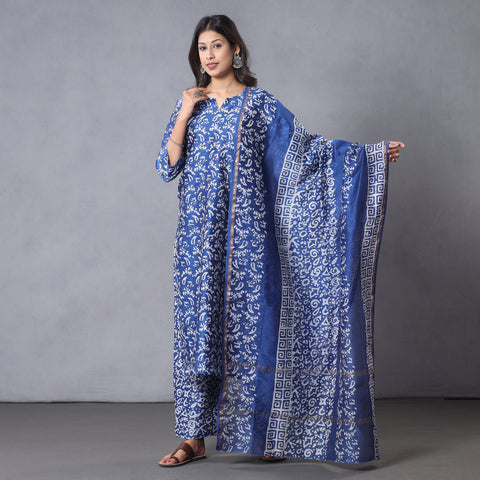 Blue - Batik Printing Chanderi Silk Kurta Suit Sets