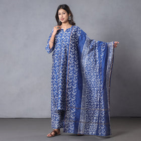Blue - Batik Printing Chanderi Silk Kurta Suit Sets