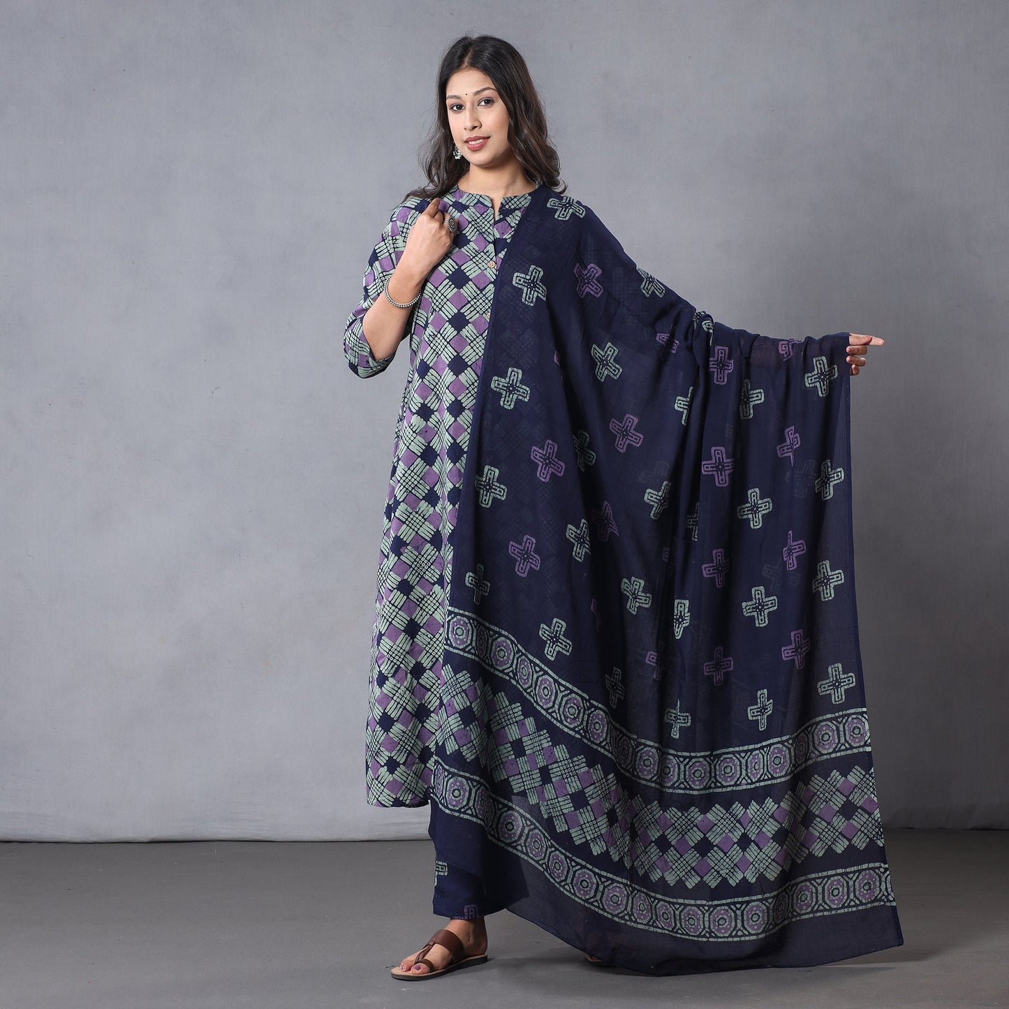 Hand batik printing cotton kurta with palazzo & dupatta set