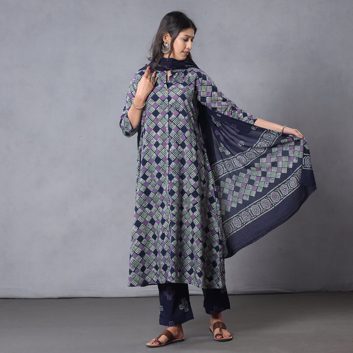 Hand batik printing cotton kurta with palazzo & dupatta set