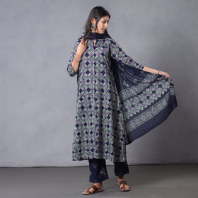 Hand batik printing cotton kurta with palazzo & dupatta set